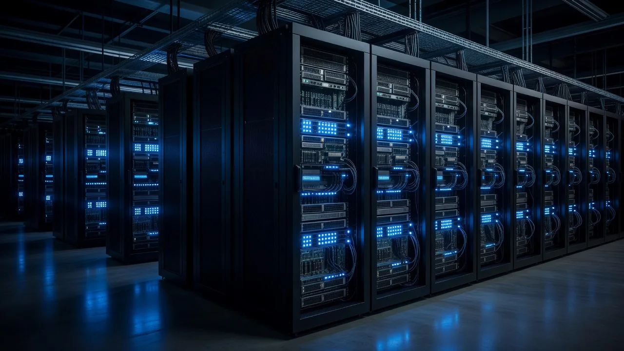 Rack de servidores em data center de computação em nuvem